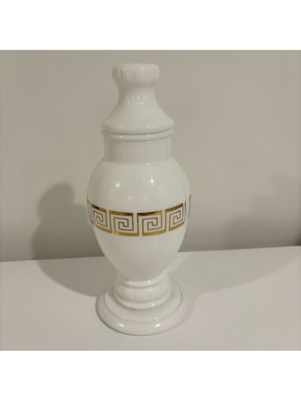Vintage milkglass ginger jar gold Greek key design white jar with lid